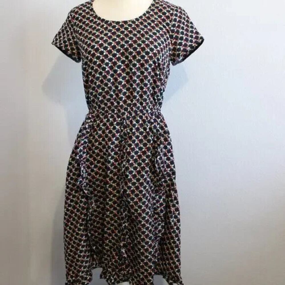 DownEast Multi Color Ruffle Dress Geometric Pattern Size S Keyhole Back - Picture 3 of 10